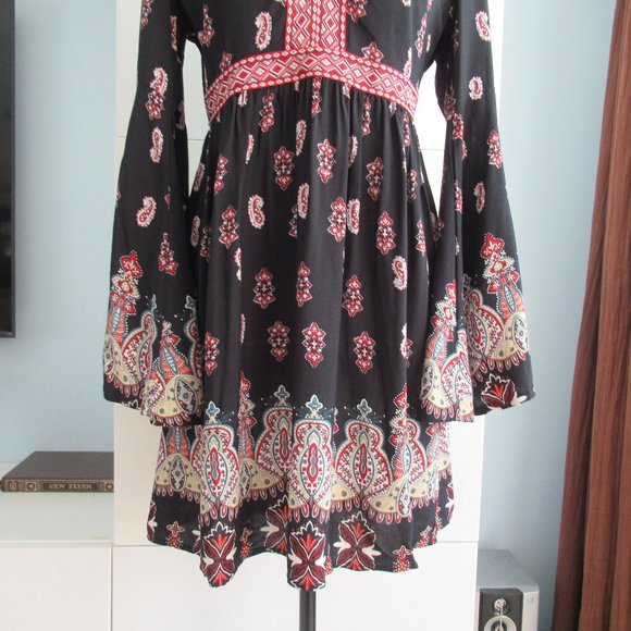 LUNIK Floral Paisley Boho Empire Waist Dress Small Long Sleeve, Black Multicolor - Picture 3 of 15